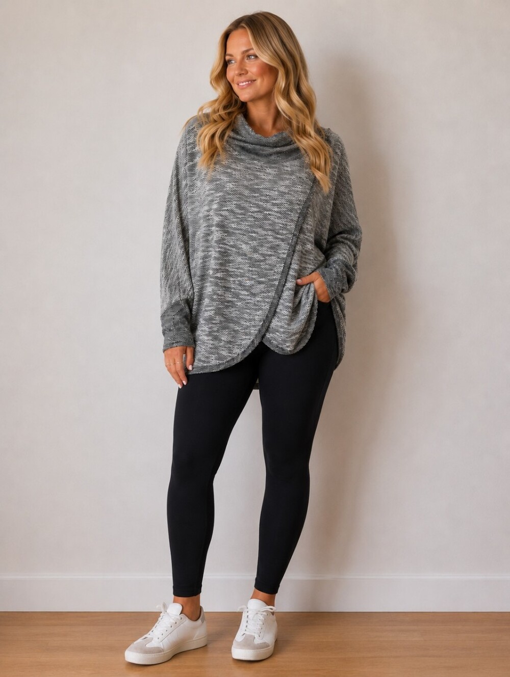 Calvin Klein Performance Cowl-neck Knit Shirt Tulip Hem 3/4 Sleeve